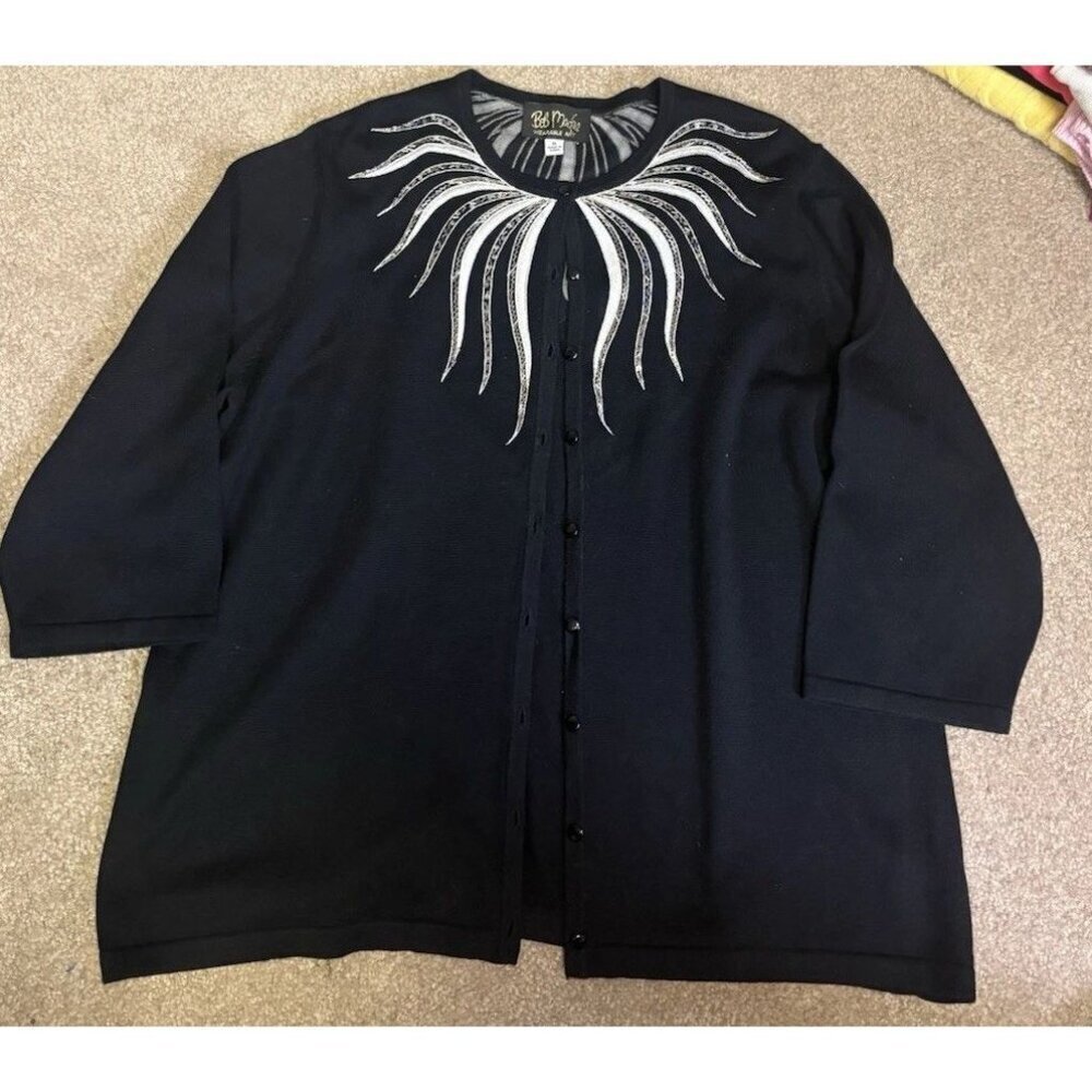 Bob Mackie Wearable Art 3/4 Sleeve Embellished Cardigan XL Black & Silver